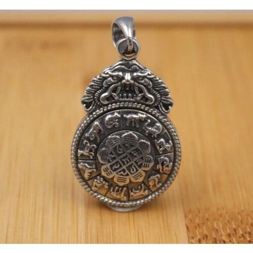 Pure 925 Sterling Silver Pendant Lucky Carved Dragon Head Mantra Zodiac Round Pendant For Men Women Gift 45*24mm