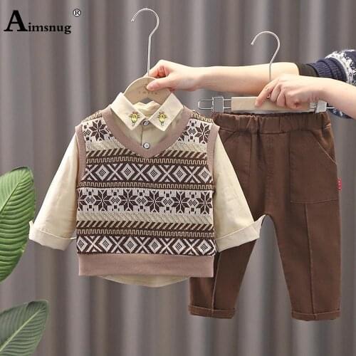 2021 Kids Clothes Boys Two Pieces Outfit Autumn Knitted Sweater Long Sleeve Blouse Children Retro Geometry Print Sweater sets