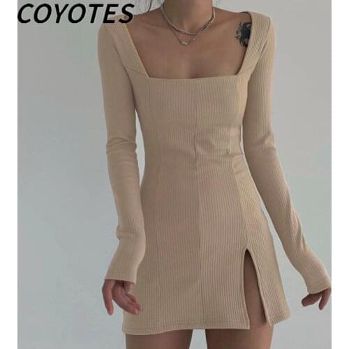 COYOTES Womens Dresses Solid Square Collar Long Sleeve Dress Women Tight-Fitting Hip High Waist Mini Dress Sexy Fashion Party