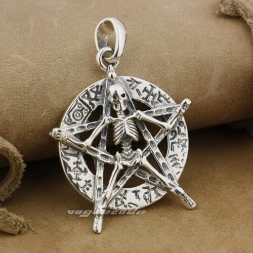 925 Sterling Silver Round Star Skull Mens Biker Punk Pendant 9J006
