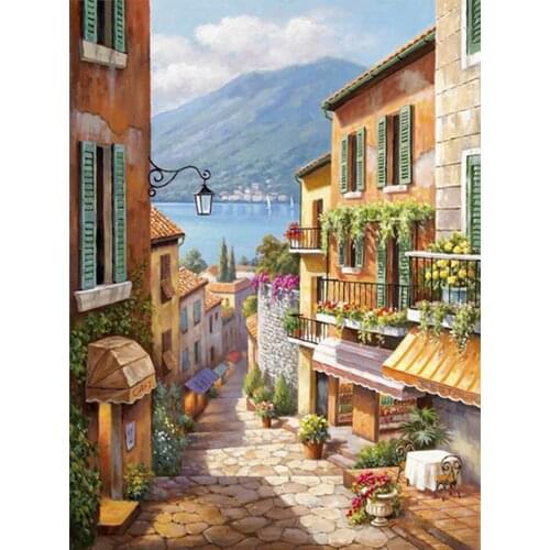 Landscape Street View 14CT Cross Stitch Set Embroidery Sewing Knitting Handicraft Handmade Room Decor Floss For Adults Leisure