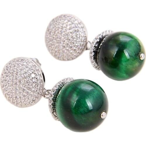 JK Natural 14mm Round Green Tiger Eye Cz pave Earrings