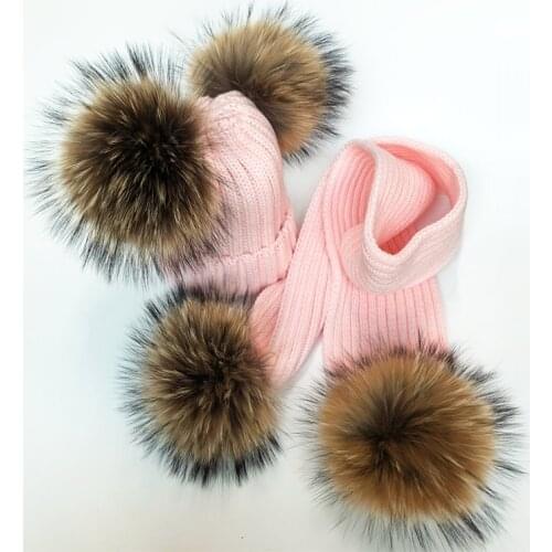 Real Raccoon Fur Pompon Winter Hat and Scarf Set Children Skullies Girl Pom Pom Beanie Warm Knitted Bobble Fur Pompom Hat