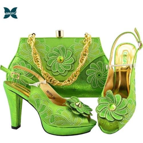 2020 Latest Ladies Matching Italian design Shoe and Bag Set in Green Color African Shoes and Matching Bag Set for Party