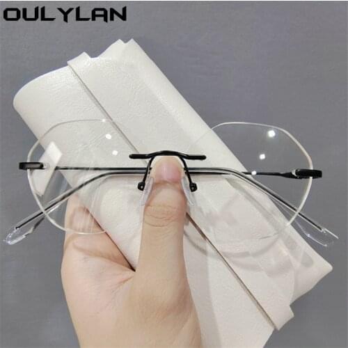 Oulylan Anti Blue Light Rimless Glasses Frame Women Fashion Polygon Transparent Eyeglasses Men Prescription Spectacles
