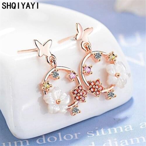 SHQIYAYI Drop Earrings For Women Fashion Jewelry Butterfly Flower Cubic Zirconia Silver Ear Pendant Korean Casual Party Gift 717