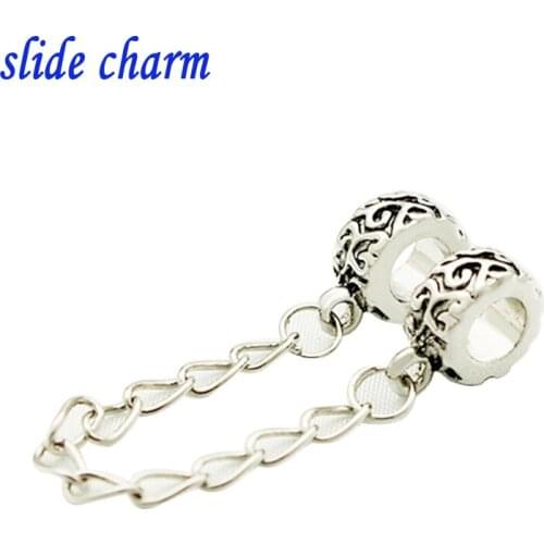 Slide charm Free shipping in Europe and America carved pattern safety chain charm beads fit Pandora bracelet