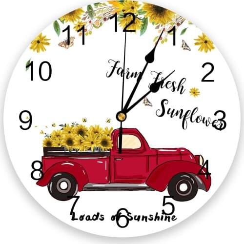 Vintage Truck Sunflower Farm White Wall Clock Round Style Fashion Modern Design Wall Clock Home Living Room Bedroom Decoration