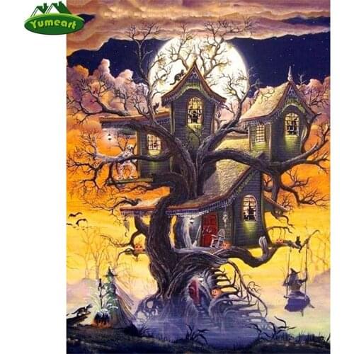 Yumeart Halloween Diamond Painting Tree DIY Full Square Drill Diamond Embroidery Witch Paint With Diamonds Landscape Wall Art