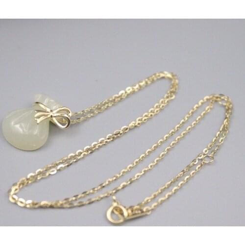 Real 925 Silver Pendant For Women Female Natural Hetian Jade Coin Bag Yellow Silver Necklace 40-45cmL