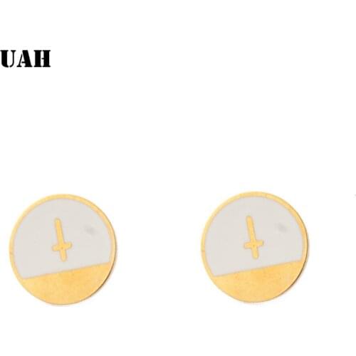 UAH Stainless Steel Round Cross Stud Earrings for Women Trendy Party Enamel White Cocktail Party Jewelry Women