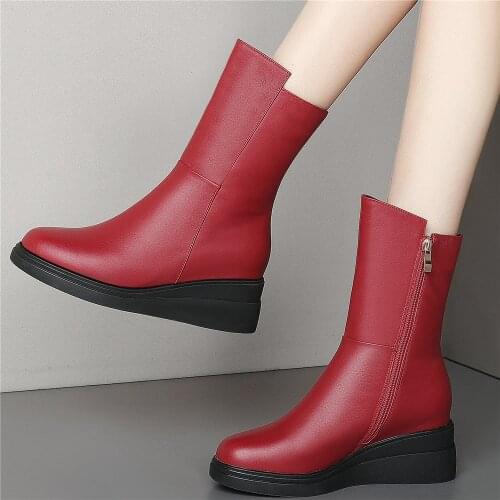Winter High Top Fashion Sneakers Women Genuine Leather Wedges High Heel Ankle Boots Female Round Toe Platform Pumps Casual Shoes