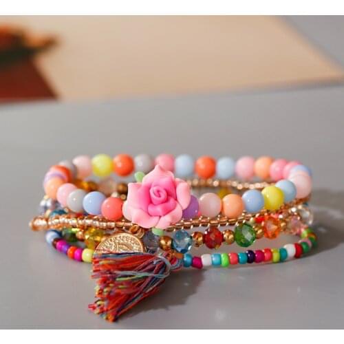 Bohemian Tassel Multilayer Bracelet Set For Women Summer Resin Flower Shape Stone Elastic Beadeds Bracelets Bangle Gift