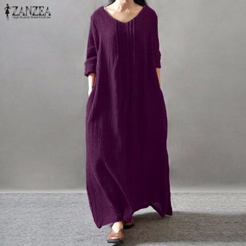 Women Elegant Dress 2021 Autumn ZANZEA V Neck Long Sleeve Floor-length Casual Loose Solid Retro Maxi Long Vestidos