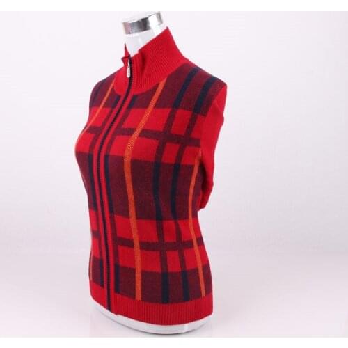Large size 100%cashmere thick knit mid/old aged women fashion plaid zipper cardigan sweater coat half high collar S-5XL