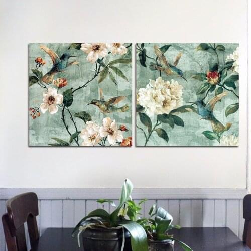 2pcs/set White flowers Modern decoration blue animal birds wall art pictures Canvas Painting for living room home decor unframed