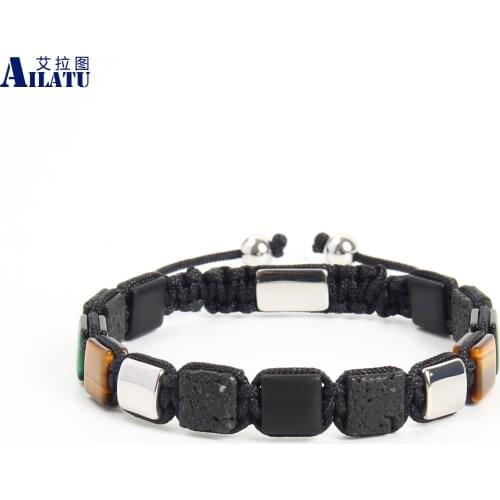 Ailatu 10pcs/lot Natural Stone Square Braiding Bracelet Stainless Steel Custom Jewelry Luxury Mens Gift