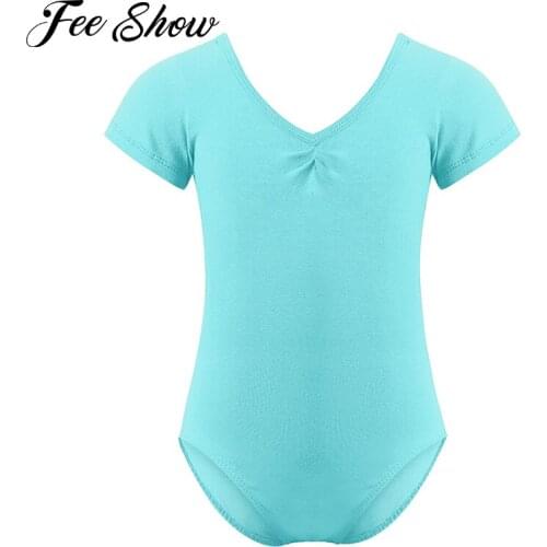 Kids Girls Short Sleeves Pinched-Front Floral Lace V-Shaped Back Ballet Dance Gymnastics Leotard Jumpsuit