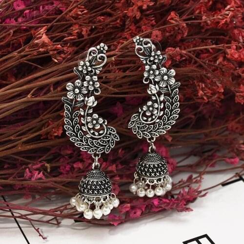 Bollywood Oxidized Jewellery Ethnic color Afghan Long Tassel Bead Drop Flower Peacock Jhumka Indian Earrings Wedding Jewelry