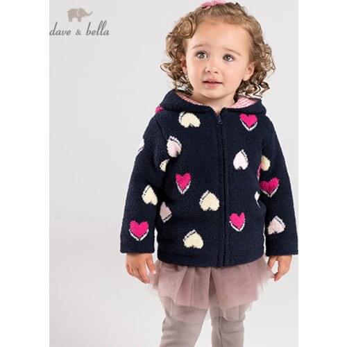 DB11952 dave bella winter baby girls cute love hooded sweater zipper coat children tops fashion infant toddler outerwear