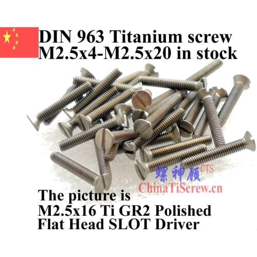 DIN 963 M2.5 Titanium screw M2.5x4 M2.5x5 M2.5x6 M2.5x8 M2.5x10 M2.5x12 M2.5x16 Flat Head Slotted driver Ti GR2 Polished