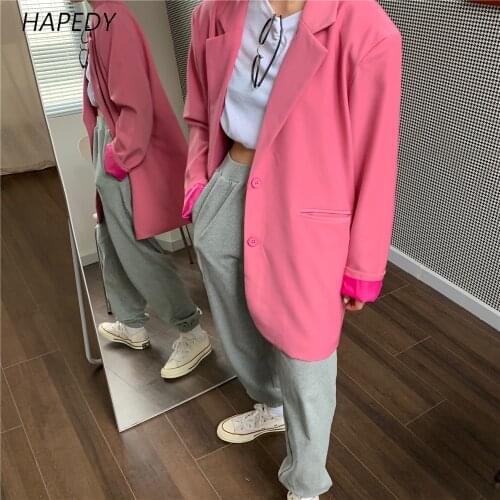 HAPEDY 2021 Chic Loose Light Pink Women Blouse Blazer Spring Summer Single Buttons Female Oversized Suit Full Sleeve Outwear