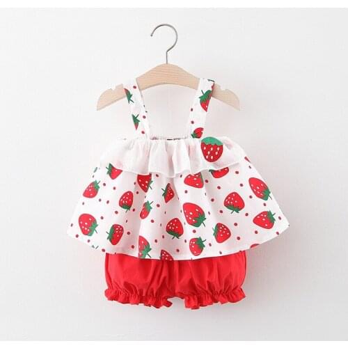 New Fashion Clothes Baby Girl Outfit 2 Pcs Sets Strawberry Embroidery Print Strap Dress+shorts Pants Cute Princess Dress 0-24M