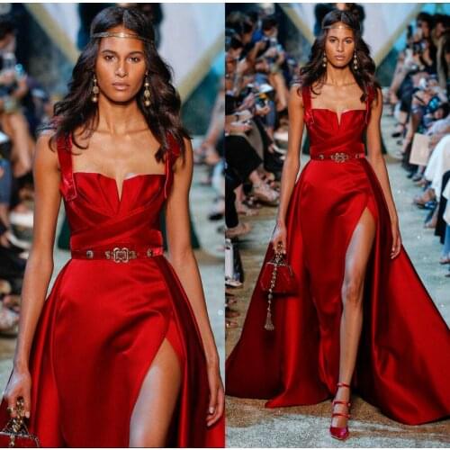Red Satin Split Prom Dresses A Line Square Neck Sweep Train Evening Gowns Custom Made Designer Formal Dresses