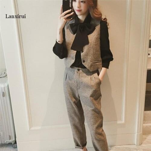 Summer Womens Plaid Pants Suit ladies office lady business suits trouser vest blouse shirt fake 3pices for female costume suit