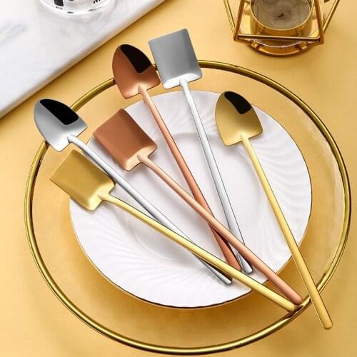 Stainless Steel Square Shovel Creative Teaspoons With Long Handle Ice Cream Coffee Dessert Spoons For Kitchen Tablewares
