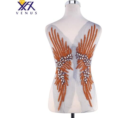 XINFANGXIU Hand sewing Patches tubular beads Patches Orange stone beads large beaded patches applique for decorations