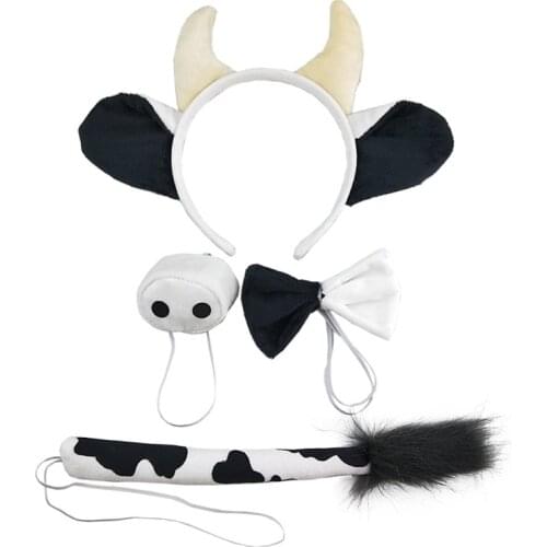 M2EA Lolita Plush Hair Hoop Cow Ears Headwear Tail Set Furry Hairband Cute Headpiece Anime Fancy Dress Cosplay Accessories