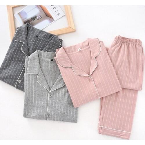 Mozuleva Cotton Pajamas Set for Autumn and Winter Long Sleeve Long Trousers Striped Pajamas for Women and Men Homewear Suit