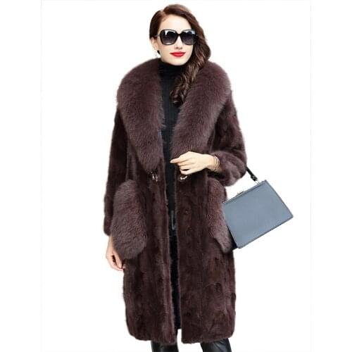 Luxury Genuine Sliced Mink Fur Coat Jacket Fox Fur Collar Winter Genuine Women Fur X-Long Outerwear Plus Size 3XL LF5170