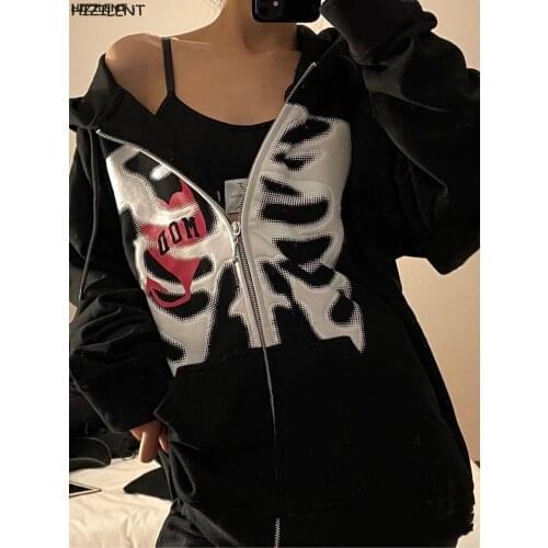 Zip-up Y2K Harajuku Korean style loose Skull print goth Grunge long-sleeved hooded coat solid color retro shirt student girl top