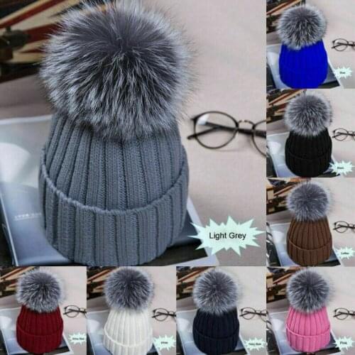Women Fur Pom Pom Ball Knit Winter Warm Crochet Baggy Bobble Hat Beanie Beret Ski Cap Warm