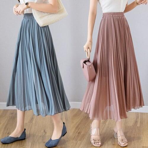 2020 Autumn Thin Chiffon Womens Fashion Big Swing High Waist Drape Feeling Slim Plus Size Loose Pleated Skirt Ladies Jupe K1192