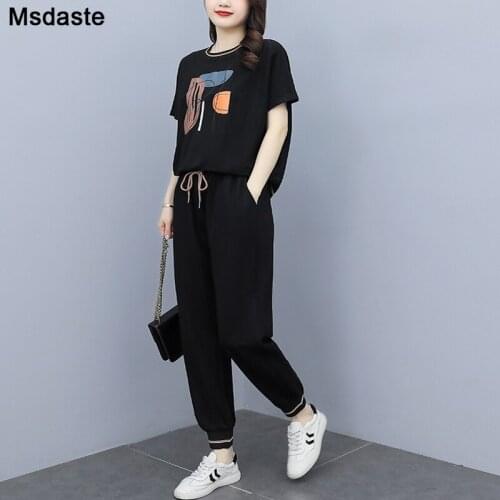 Summer Tracksuits Women Clothing Set 2 Pieces Printing Short Sleeve Pullovers Blouse+harem Pants White Black 2pcs Sportswear Set