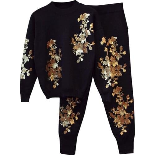 Great quality sequins beading knit suits female heavy industry beading flower long sleeve sweater + pants two pieces sets wq1736