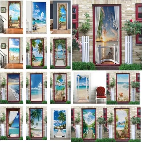 Natural Scenery 3D Sea View Door Sticker For Bedroom Bathroom Decoration Wall Sticker Poster Self Adhesive Removable Mural Decal