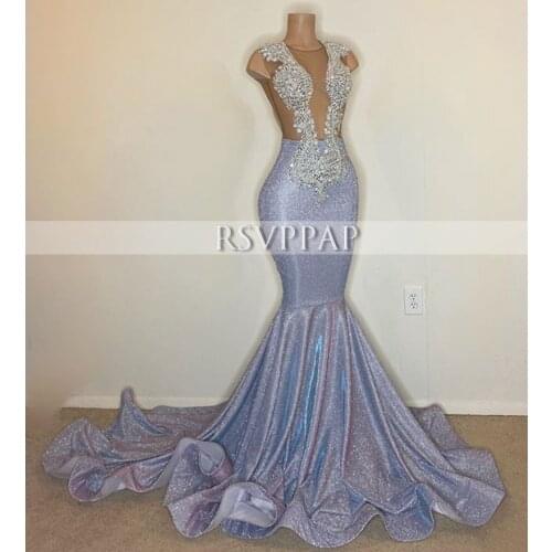Glitter Silver Long Prom Dresses 2021 Sexy Mermaid Backless African Black Girl Beaded Prom Dress For Women