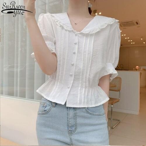 Blusas Women Tops Blouse Ruffles Blouse 2021 Summer Shirt Button Preppy Style New Peter Pan Colla Elegant Women Clothing 10103