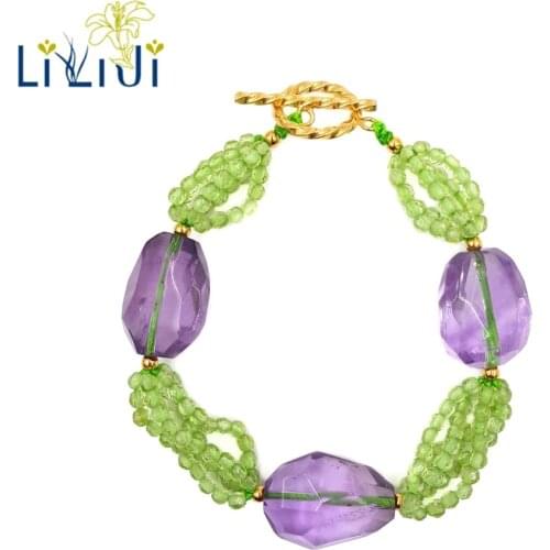 Lii Ji Natural Real Tiny Peridot,Amethyst 925 Sterling Silver OT Clasp 5 Rows Bracelet For Women Girls