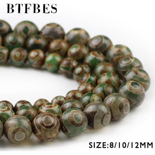 BTFBES China Tibetan Buddhism Dzi Eyes Beads Natural Green Color 8 10 12mm Round Ball Loose Bead for Jewelry Bracelet Making DIY