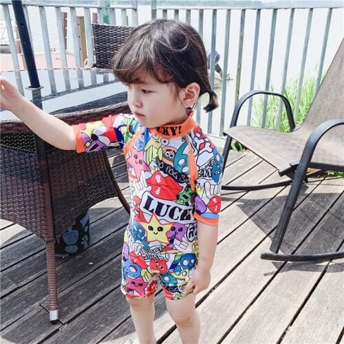 Children Swimsuit Cartoon One-piece Sunscreen Anti Ultraviolet Long Sleeve Baby Boys And Girls Swimwear With Hat