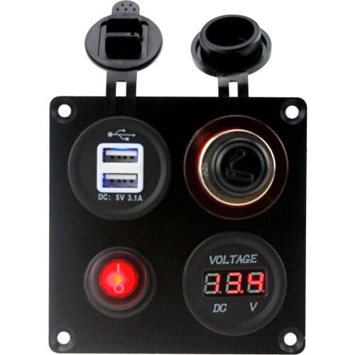 DIY 12-24V Voltmeter Cigarette Lighter 3.1A Dual USB Adapter Charger Switch 4 Hole Aluminum Panel for Truck Boat Marine Trailer