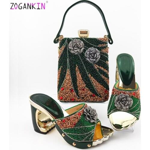 Italian 2020 Pu Leather Shoes with Matching Bags for Royal Party Shoes and Bag to Match in Dark Green Color For Wedding