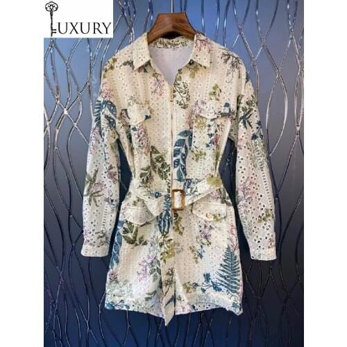 Quality Jumpsuit Shorts High 2020 Spring Summer Playsuits Women Turn-down Collar Chest Pockets Patchwork Long Sleeve Jumpsuits