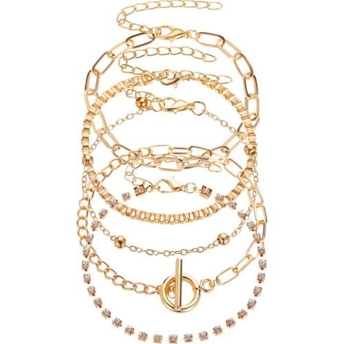 Fashion Multilayer Combination Bracelet Set for Women Creative OT Buckle Zirconia Studded Chain Bracelets 5 Piece Hands Jewelry