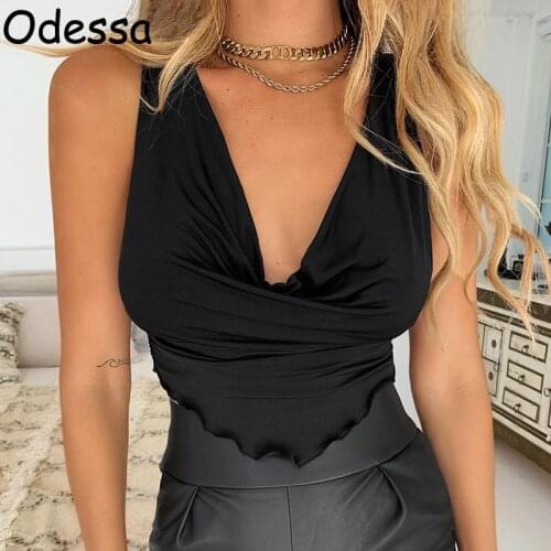 Odessa Black V Neck Sleeveless Ruched Crop Top Women Summer Off Shoulder Ruffle Sexy Slim White 2021 Casual Tank Tops Fashion
